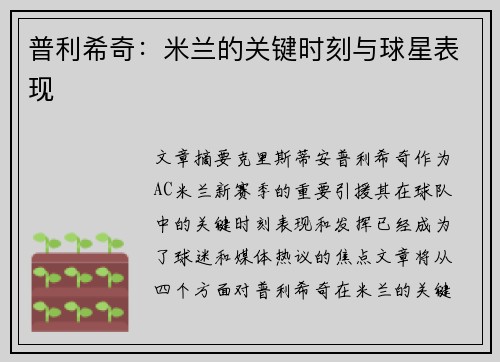 普利希奇：米兰的关键时刻与球星表现