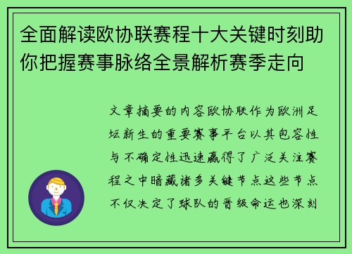 全面解读欧协联赛程十大关键时刻助你把握赛事脉络全景解析赛季走向